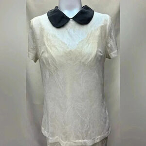 Wendy Katlen Peter Pan Collar Lace Cream Black Blouse Short Sleeves size Small